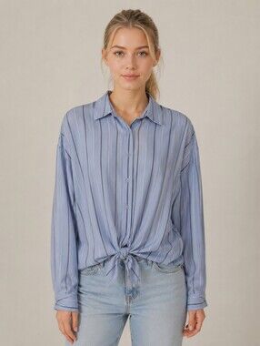 HEYTON Blue Stripe Tie-Front Blouse Size Large Office Chic Button-Up Top